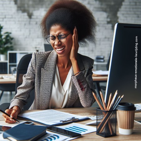 Vrouw op kantoor heeft last van druk op oren door stress.